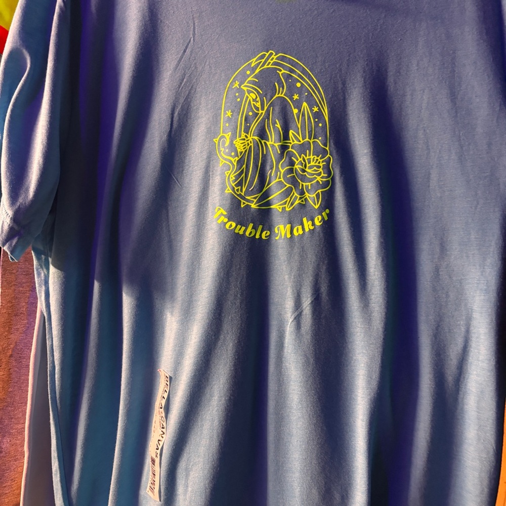 “Trouble Maker” Blue and Neon Yellow Graphic Short Sleeve Tee
